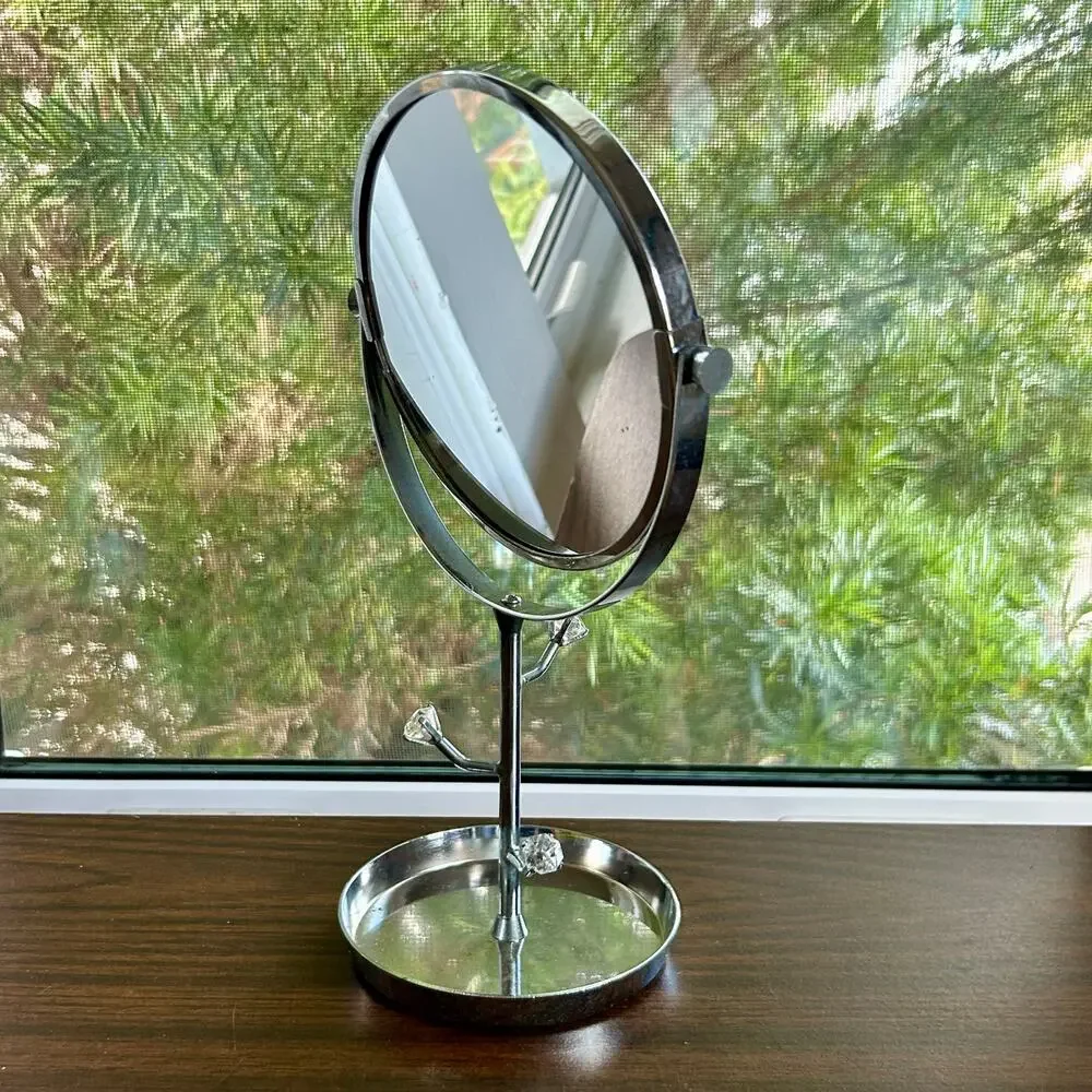 Vintage Chrome Vanity Mirror with Rhinestone Accents and Jewelry Tray – 11”